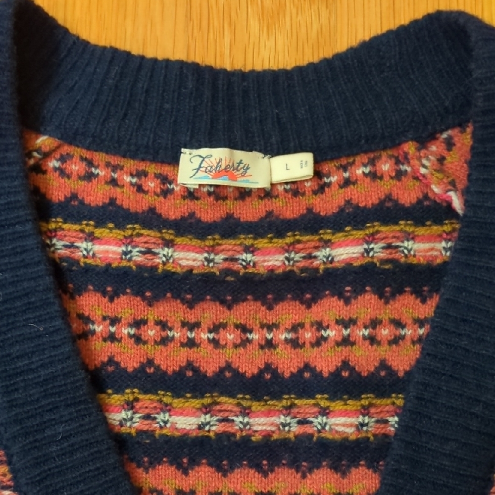 Faherty Navy Highland Fair Isle Cardigan Large Academia Cottage Preppy Boho EUC - Picture 3 of 6